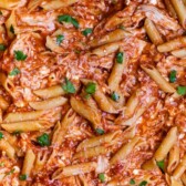 overhead shot of chicken penne pasta in skillet