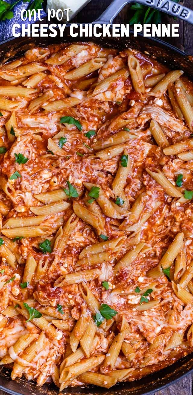 overhead shot of chicken penne pasta in skillet