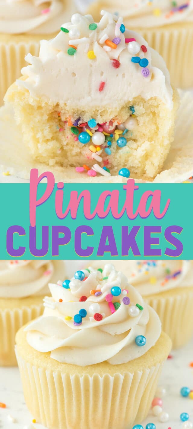 piÃ±ata cupcake with sprinkles inside collage photos