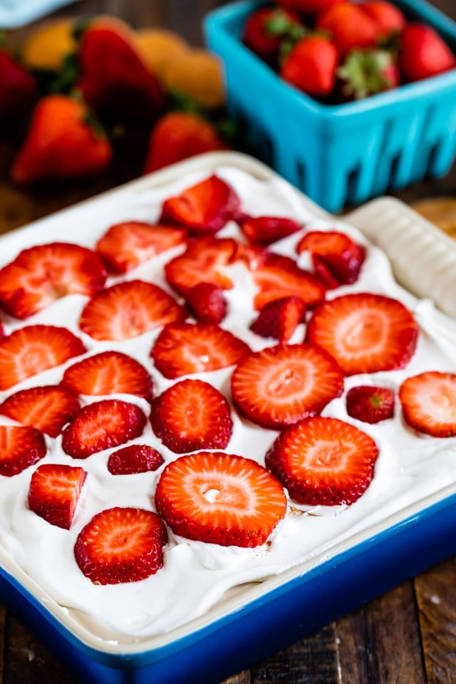 strawberry shortcake icebox cake in pan