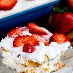 slice of strawberry shortcake icebox cake on plate