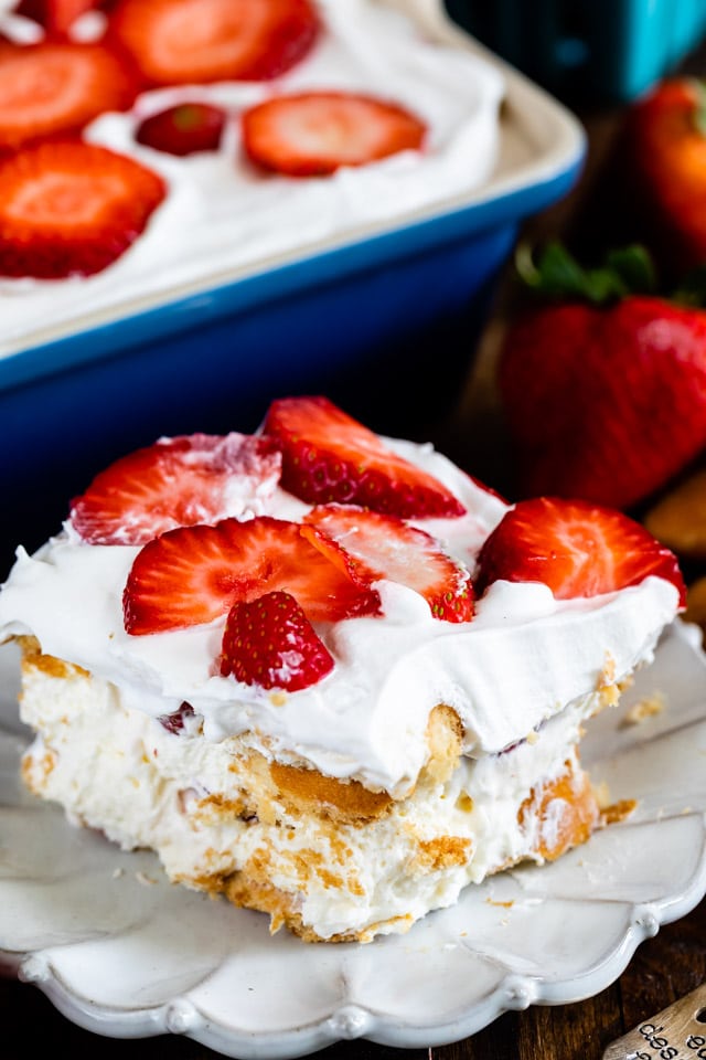 slice of strawberry shortcake icebox cake on plate