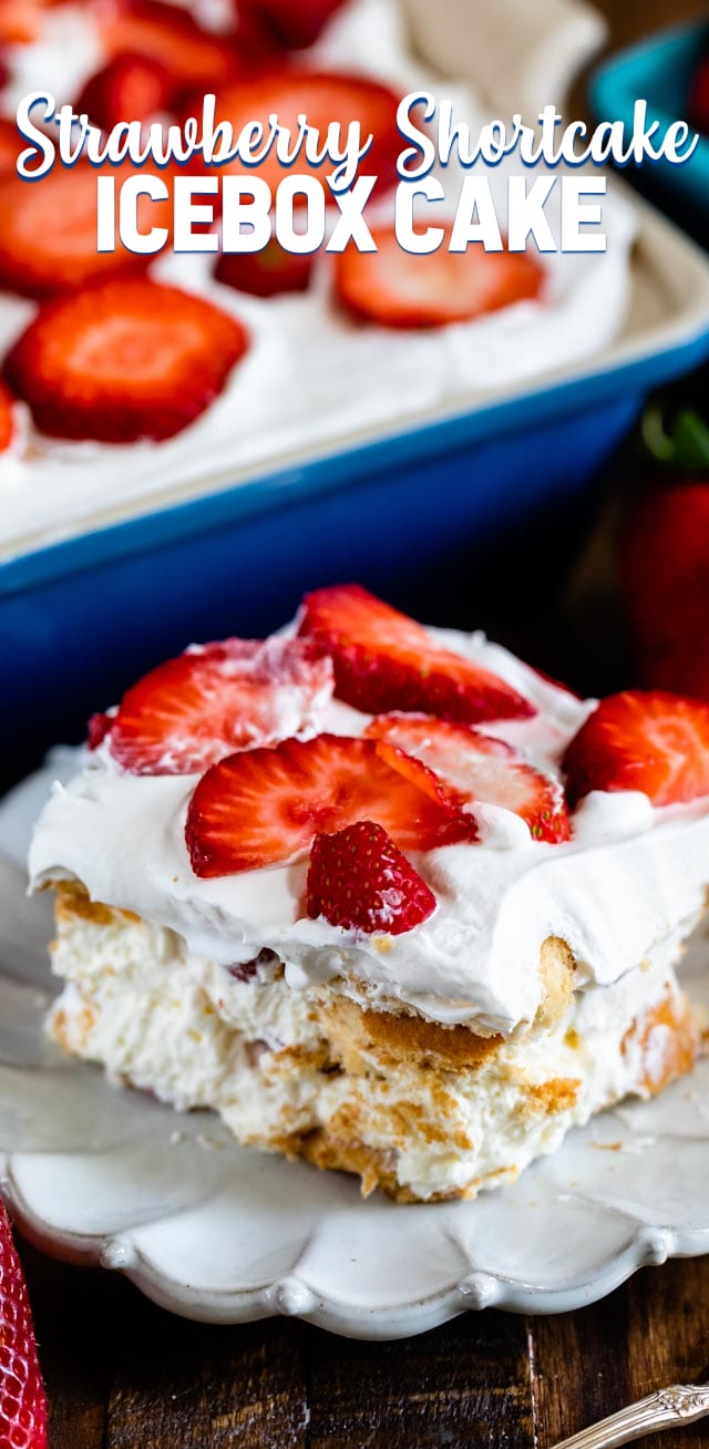 slice of strawberry shortcake icebox cake on plate