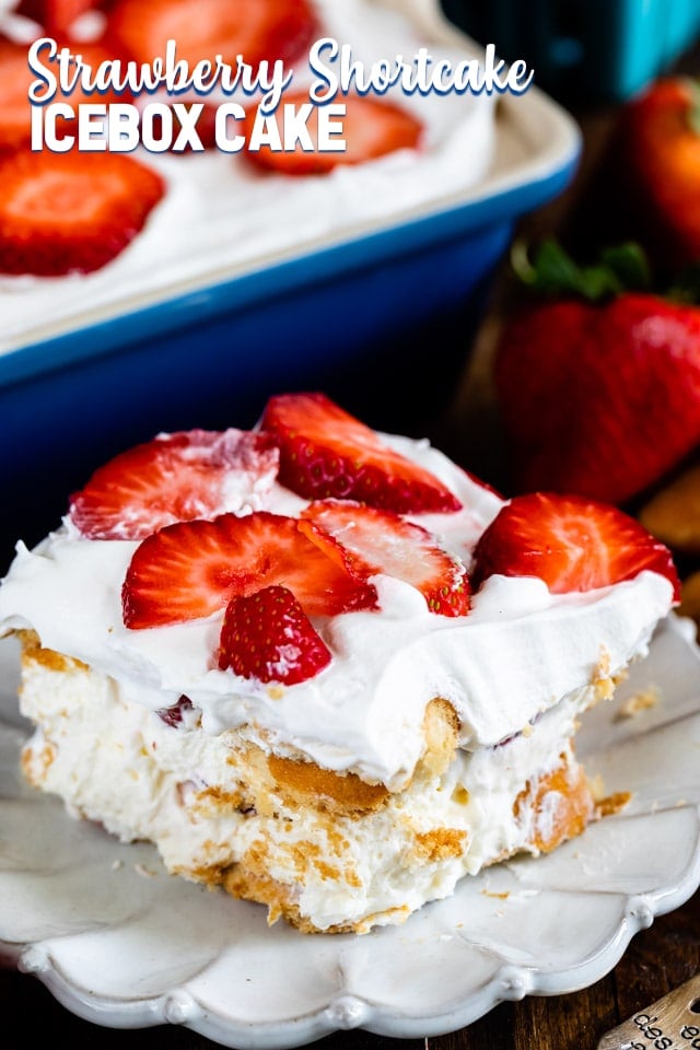slice of strawberry shortcake icebox cake on plate
