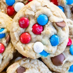 close up overhead shot of 4th of July chocolate chip cookie