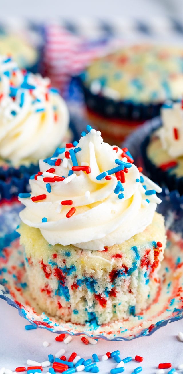 unwrapped Funfetti Cupcake with red white and blue sprinkles