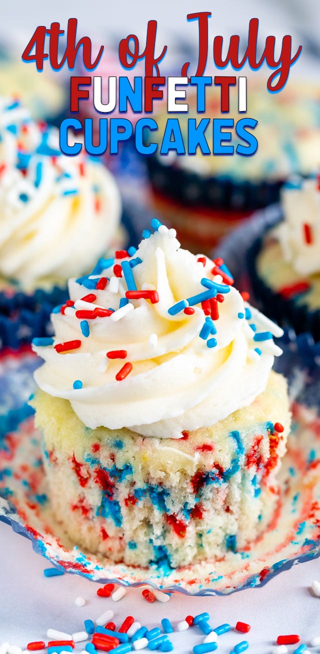 4th of July funfetti cupcakes with writing