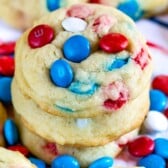 stacked cookies with red white and blue M&Ms baked in with words on the image.