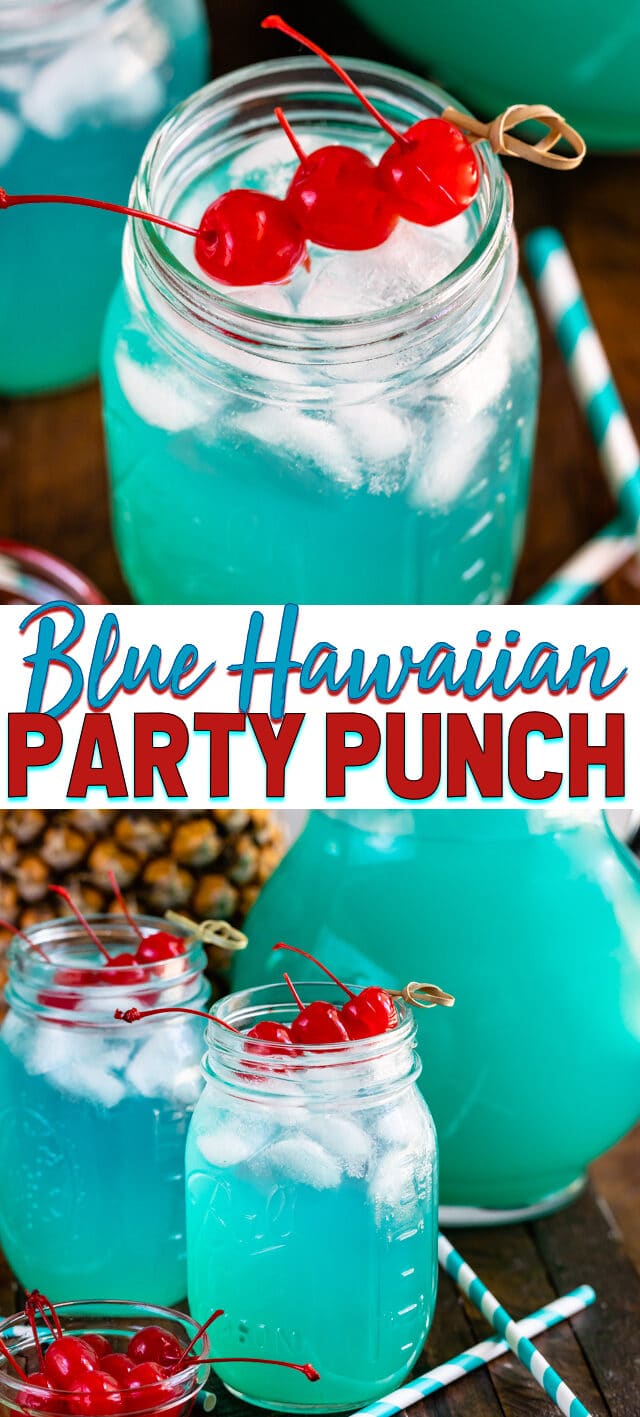 blue Hawaiian party punch in mason jar collage photos