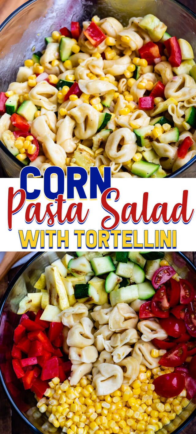 collage of corn pasta salad photos