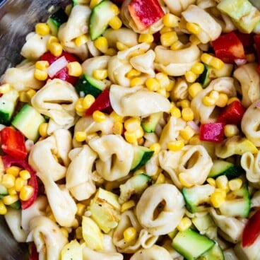 overhead shot of corn pasta salad