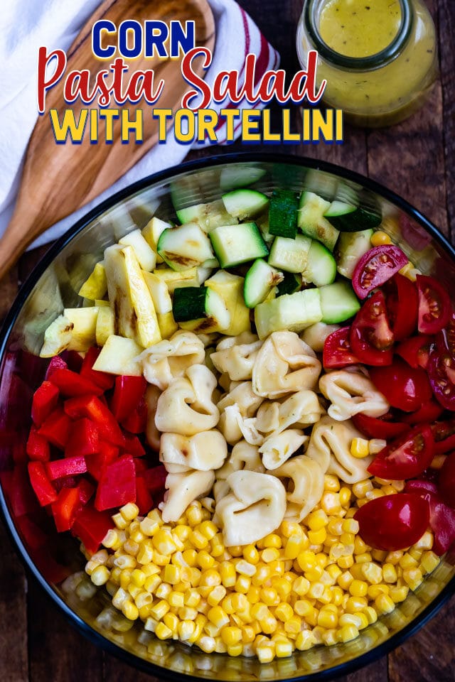 overhead of corn pasta salad ingredients