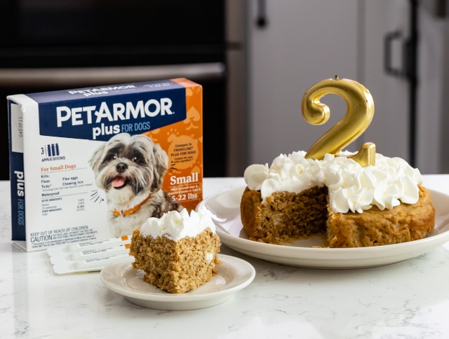 slice of cake on plate with pet armor box