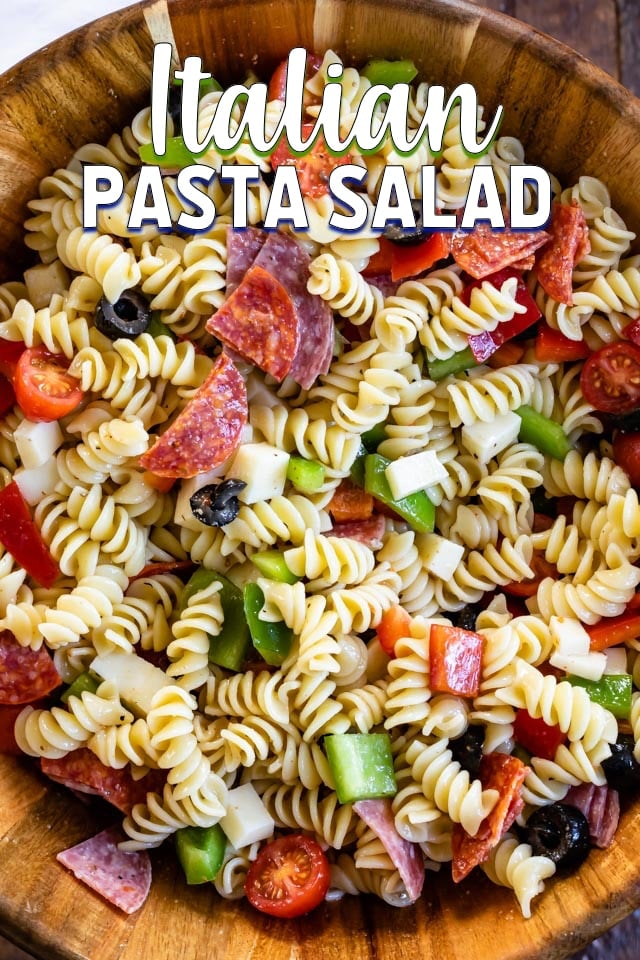 Italian pasta salad in salad bowl