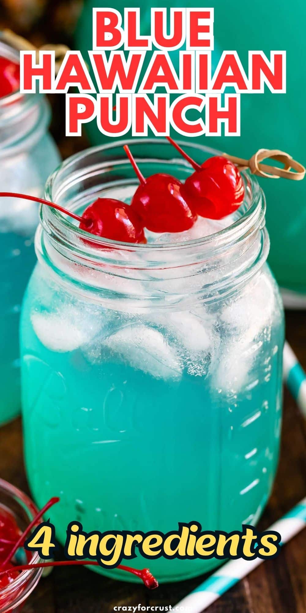 jar of blue drink with 3 cherries and words on photo.