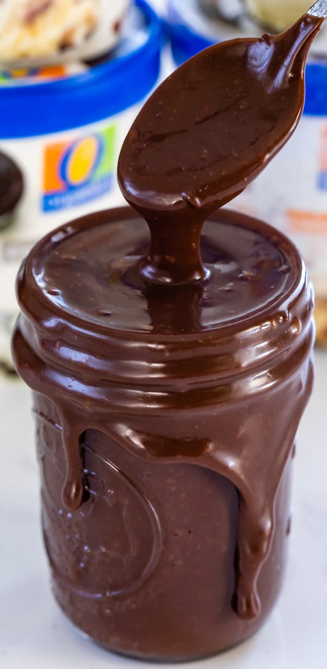 hot fudge sauce with spoon dripping 