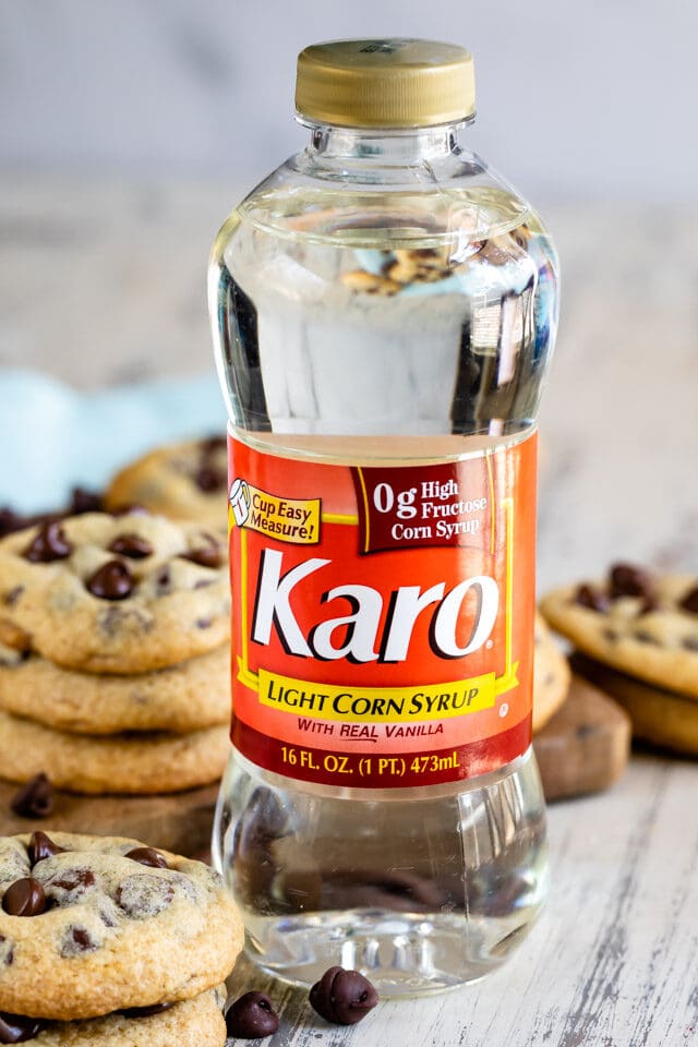 karo bottle with chocolate chip cookies