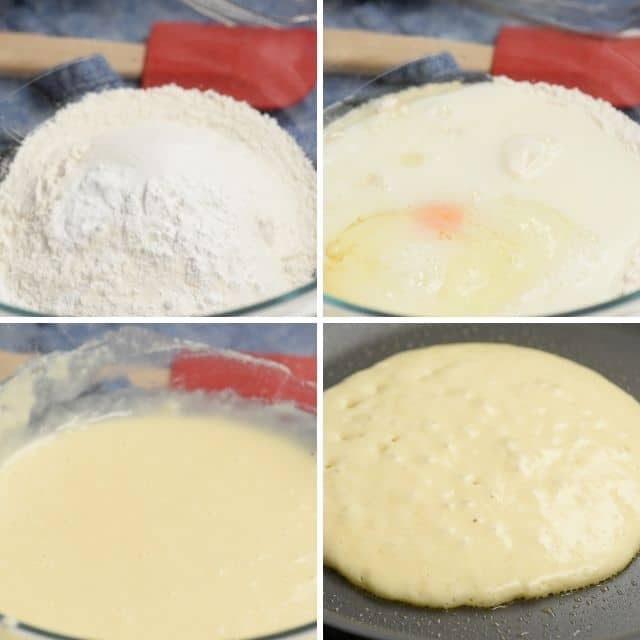 collage of 4 photos showing How to make pancakes