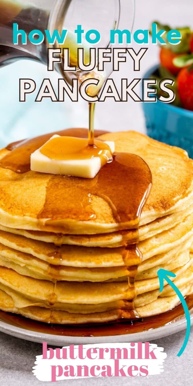 stack of pancakes with butter and syrup being poured over them with words on photo