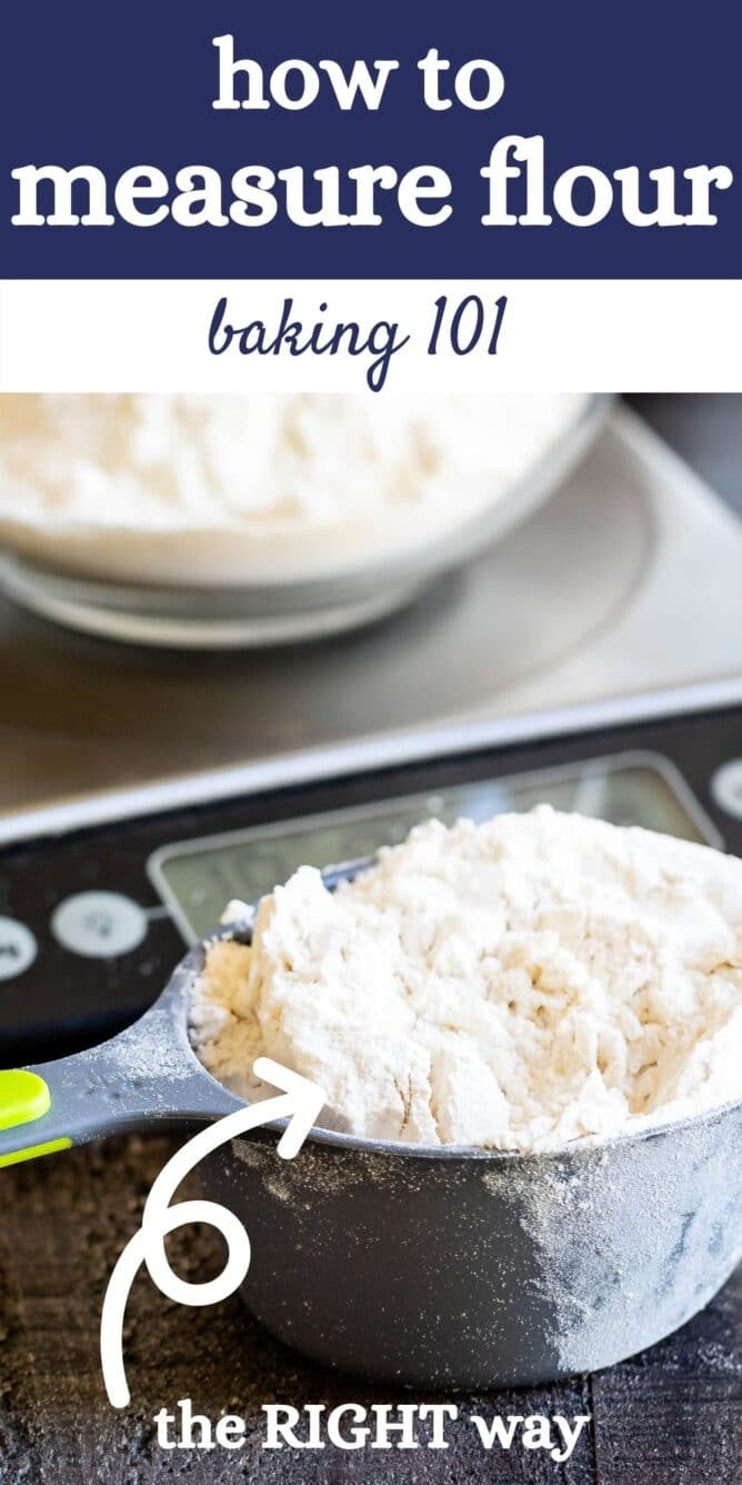measuring cup with flour in it and scale behind with words on photo