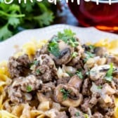 ground beef stroganoff on pasta