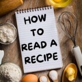infographic showing baking ingredients and a spiral notepad with how to read a recipe written on in