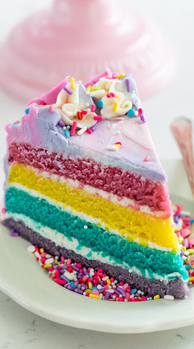 slice of pastel rainbow cake