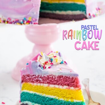 pastel rainbow cake slice on plate