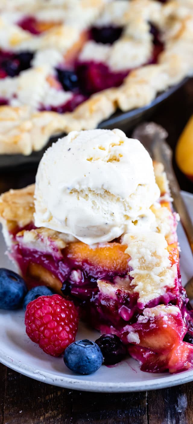 peach blueberry pie with raspberry ala mode