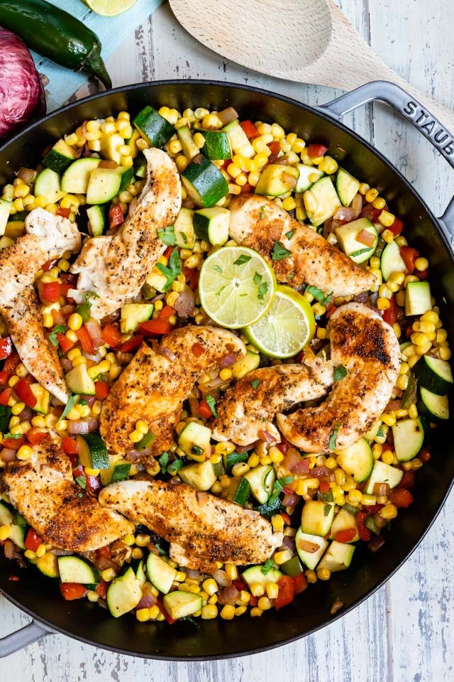 spicy chicken and corn with zucchini in pot