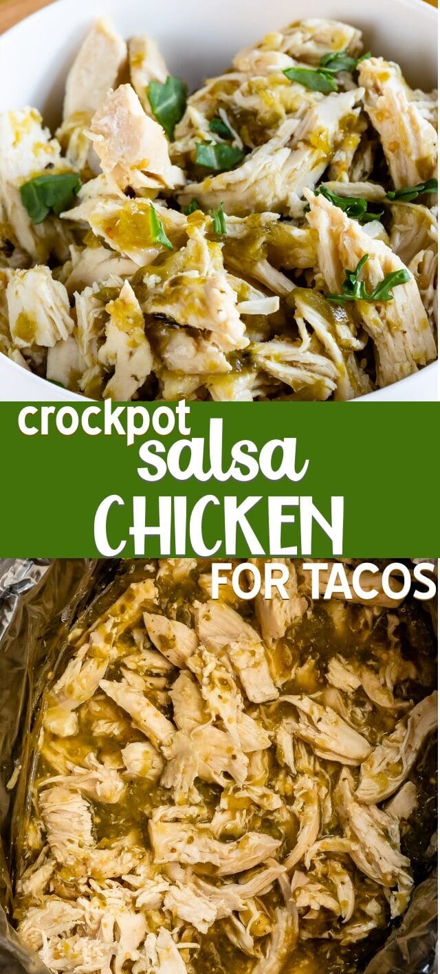 shredded salsa chicken in crockpot collage