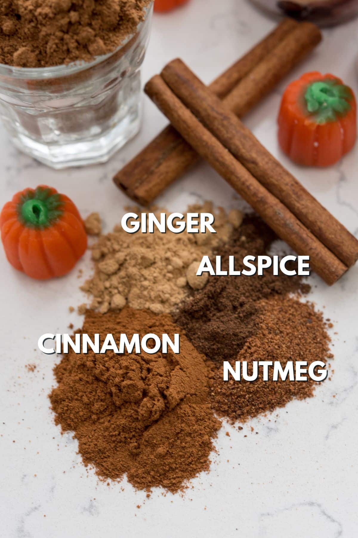 spices on marble background with words on photo