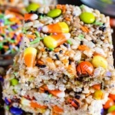 stack of Rice Krispie treats with Halloween candy