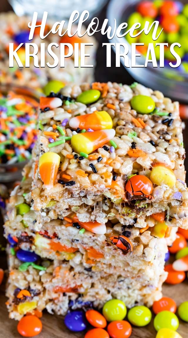 stack of Rice Krispie treats with Halloween candy