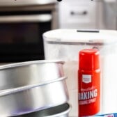 cake pans with flour and spray and Crisco