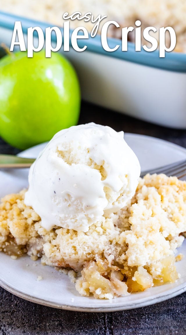 apple crisp on plate with ice cream