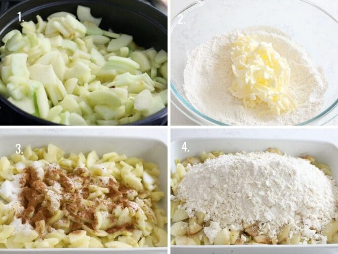 4 photos showing the process how to make apple crisp