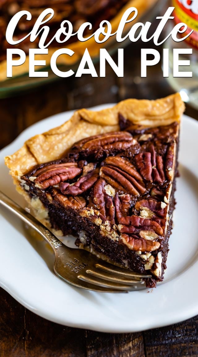 slice of chocolate pecan pie on plate
