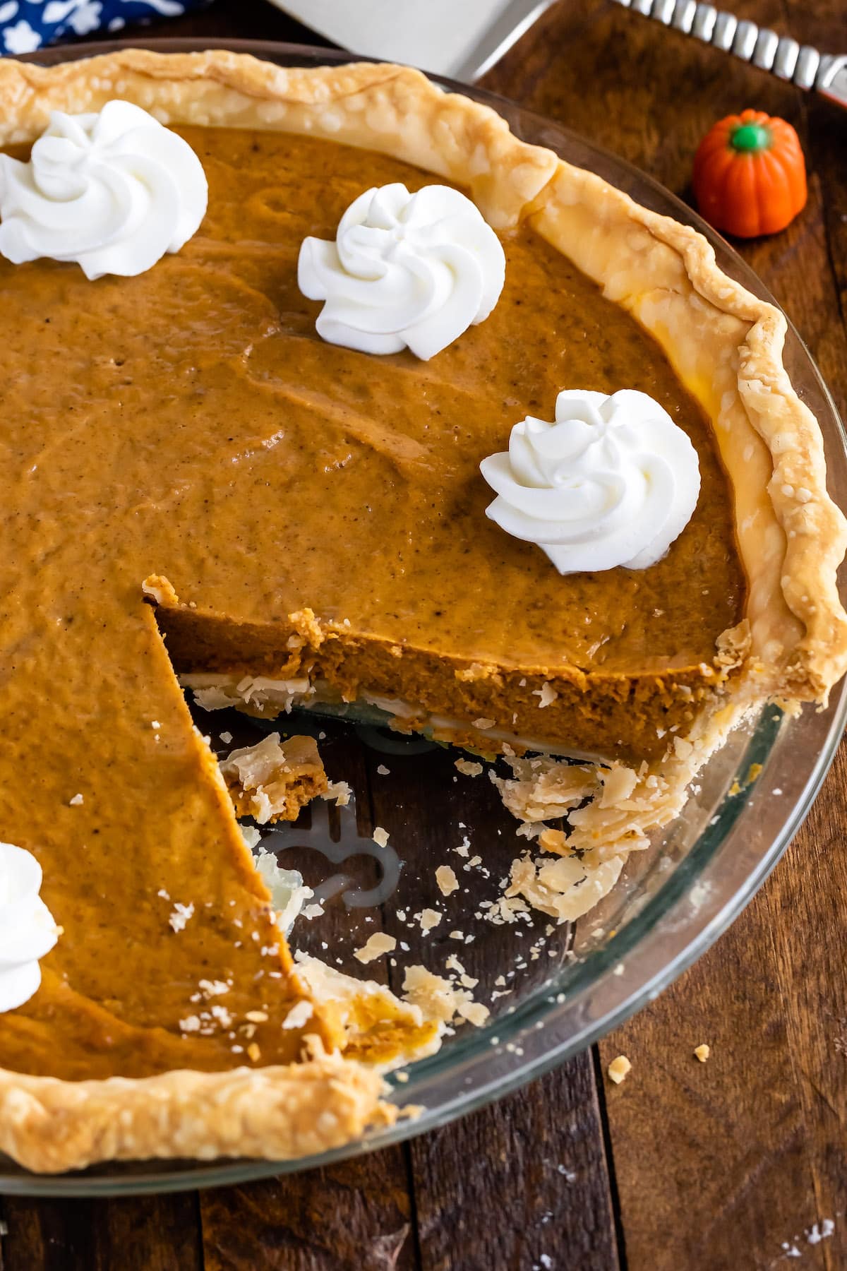 pie with dollops of whipped cream and slice missing