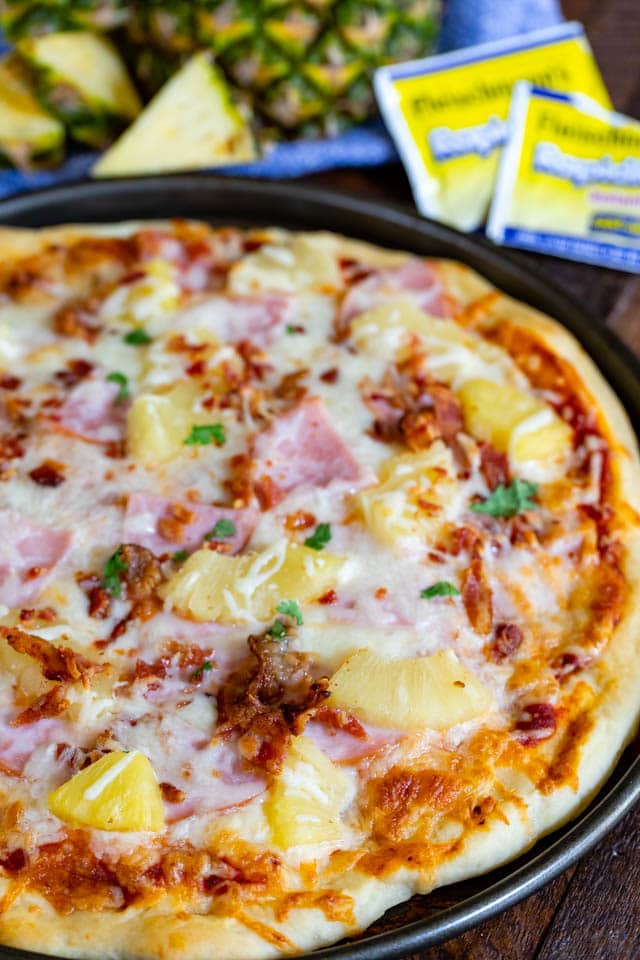 overhead Hawaiian pizza shot