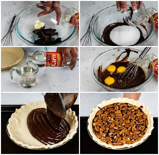 process photos for how to make chocolate pecan pie