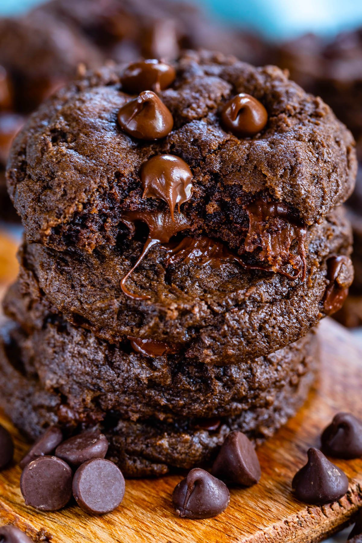 stack of chocolate cookies with one cut in half