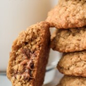 stack of oatmeal cookies with cut open cookie