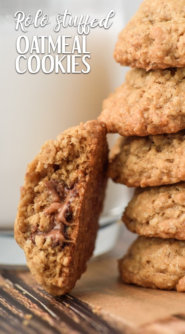 stack of oatmeal cookies with cut open cookie