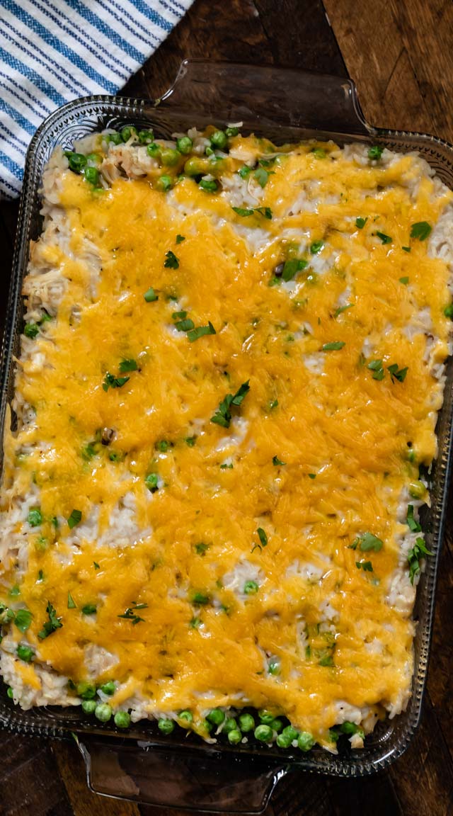 chicken and rice casserole in dish