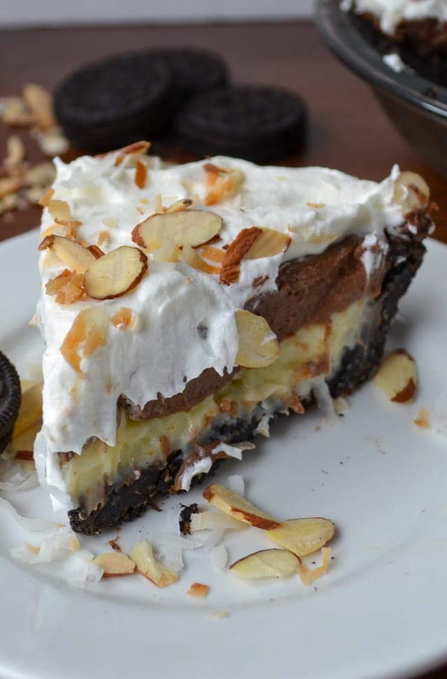 chocolate coconut pudding pie on plate