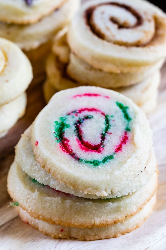 red and green sugar in pinwheel cookies in stack