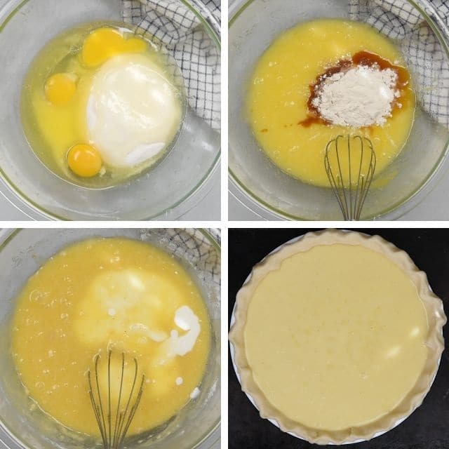 collage of 4 photos showing how to make buttermilk pie