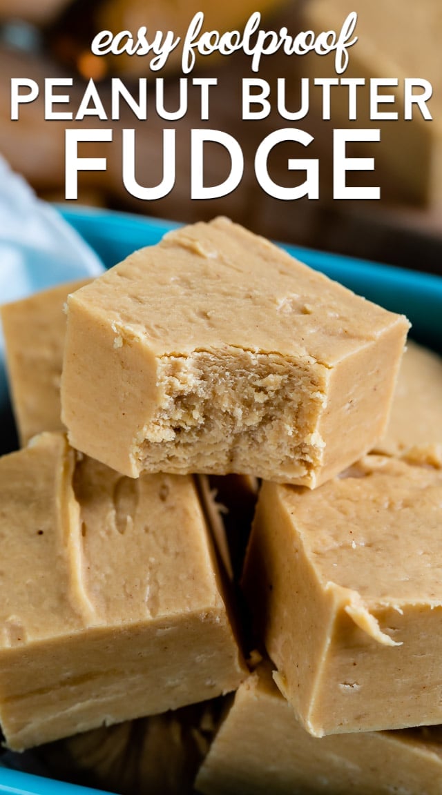 Stack of Peanut Butter Fudge with writing