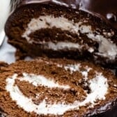 Chocolate swiss roll cake close up